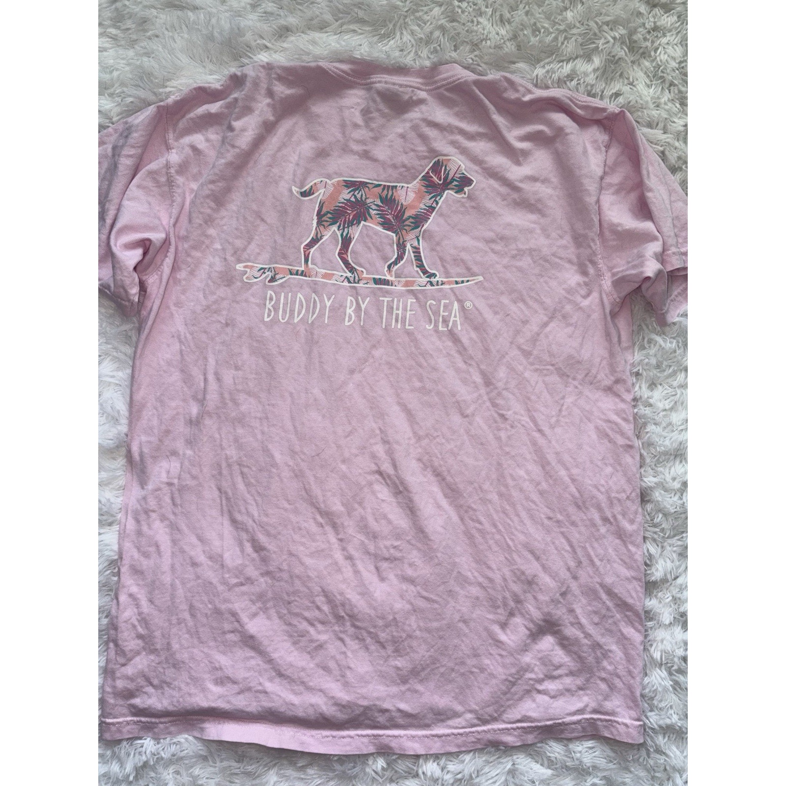 Comfort Colors L “Buddy By The Sea” Oak Island Nc Pink Dog Design Tee. Cute, Fun